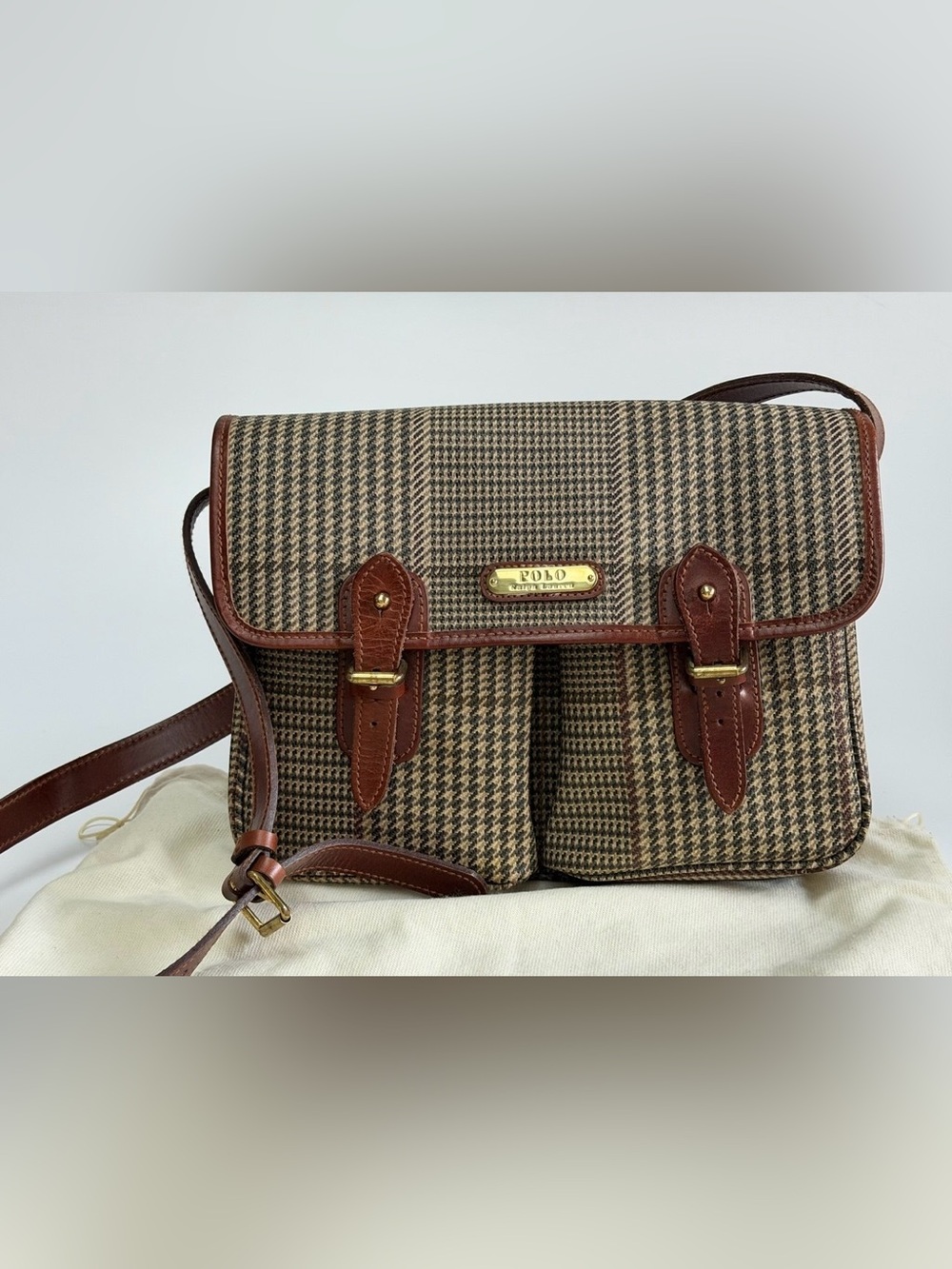 Polo by Ralph Lauren Brown Houndstooth Messenger Bag with Leather Trim